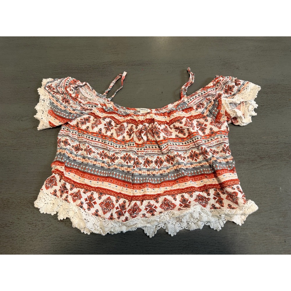Forever 21 Boho Crochet Lace Trim Off The Shoulder Crop Top Orange Large
